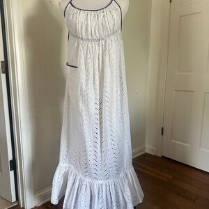Vintage White Eyelet Maxi apron with Blue Trim